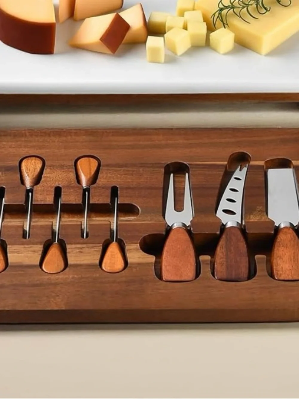 Wood & Marble Cheese Serving Board Set with White Ceramic Dishes
